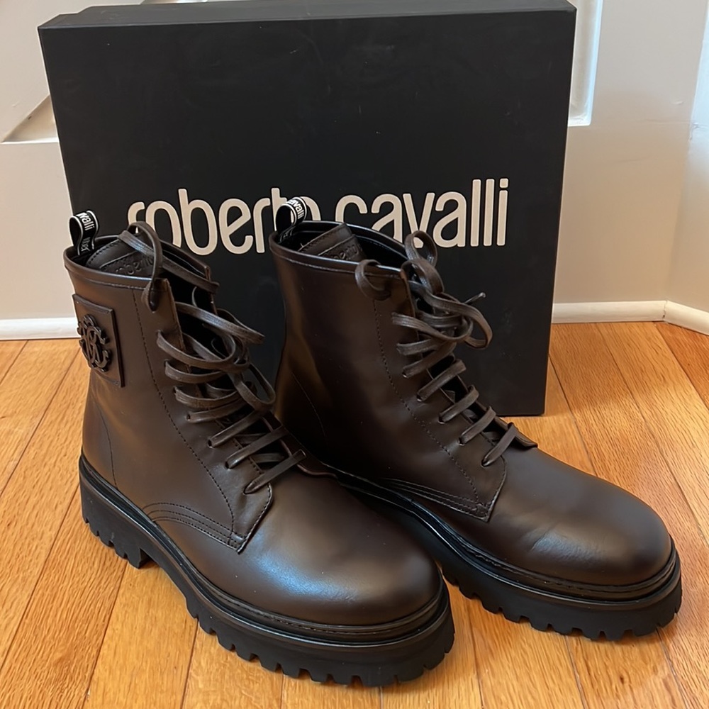 Roberto Cavalli leather hiker dark brown boots